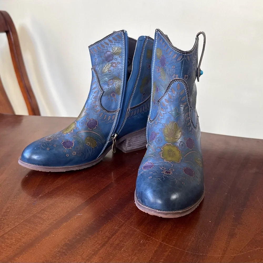 Spring Step Blue Floral Ankle Booties - Picture 1 of 8
